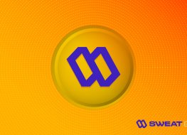 Sweat Economy SWEAT decentralized cryptocurrency logo icon placed in button, modern finance blockchain technology concept banner. Vector illustration template design, isolated in gradient background.