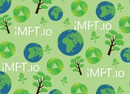 The IMPT.io platform's name appears on green background surrounded by trees and images of the Earth