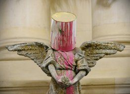 View of a Banksy artwork on display at Bristol Museum, UK in January 2015 in