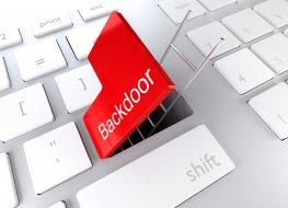 A computer keyboard with the word backdoor and a ladder where the return key should be
