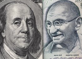 US dollar bill and India rupee banknote macro, Indian and USA economy finance trade business, money closeup