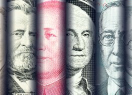 Faces on banknotes of the most dominant currencies in the world: Japanese yen, US dollar, Chinese yuan, Australian dollar.