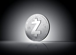 Zcash cryptocurrency physical concept coin on gently lit dark background. 3D rendering