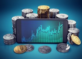 A cryptocurrency growth graph is displayed on a smartphone screen, surrounded by various piles of cryptocurrencies. 3D rendering