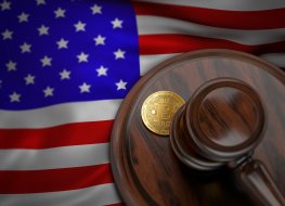 Image of a US flag, a bitcoin and a judge's gavel