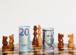 US dollar playing Euro on a chess board.