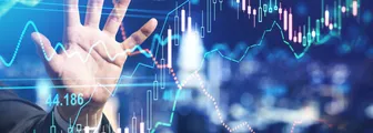 Tata Power share price forecast 2022-2025: Investing in future renewables? Stock market investment concept with businessman hand touching digital screen with forex chart indicators. Double exposure