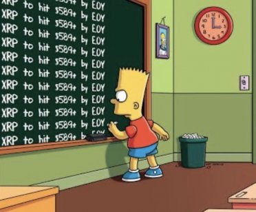 Bart writing “XRP to hit $589+ by EOY” on a chalkboard