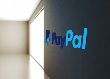 In this 3D illustration the PayPal logo is seen on an office wall