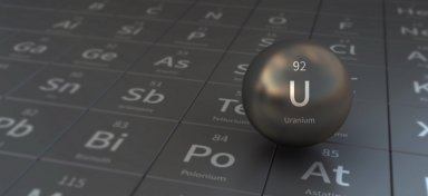 Uranium element in front of periodic table