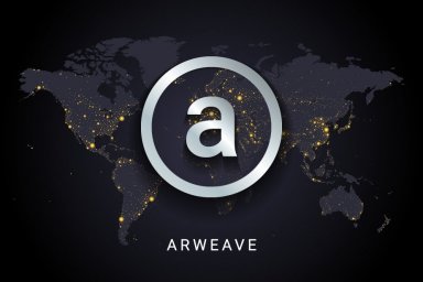 Arweave crypto digital payment system blockchain concept. Cryptocurrency isolated on earth night lights world map background. Vector illustration