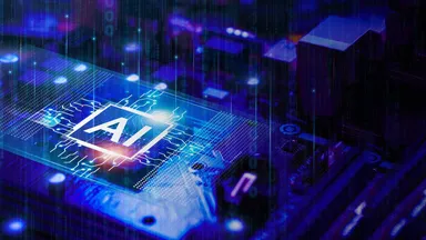 Chip di intelligenza artificiale su scheda elettronica con flussi di dati digitali e rete tecnologica avanzata
