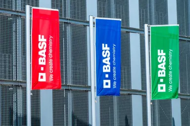 BASF company flags in red, blue, and green displayed outside an industrial building
