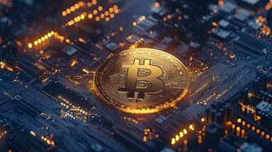 Bitcoin auf einer elektronischen Leiterplatte als Symbol für den Kryptomarkt und digitale Finanztechnologien