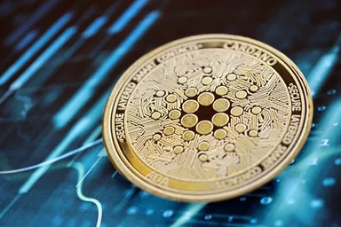 Cardano-Kryptowährungsmünze auf digitalem Chart-Hintergrund platziert