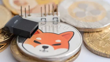 Hardware USB device placed on cryptocurrency coins, including a coin with a fox logo in focus