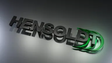HENSOLDT-Logo auf dunklem Hintergrund mit grünen Markenelementen