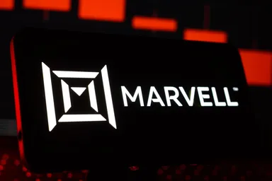 Illuminated Marvel logo on a red background.