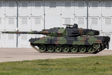 Modern German Leopard 2 battle tank on a military training ground, illustrating European defence sector trends