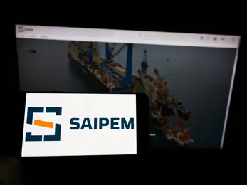 Saipem logo on a mobile device with offshore oil and gas infrastructure, representing the engineering and energy services company