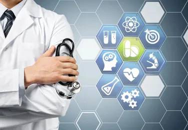 Doctor with a stethoscope and medical icons in the background.