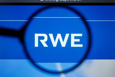 RWE logo displayed on a blue background.