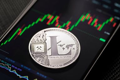 Silver litecoin cryptocurrency trading on smartphone close up