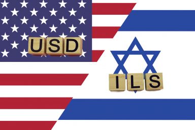 USA and Israel currencies codes on national flags background. USD and ILS currencies