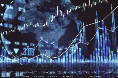 US Russell 2000 forecast: Will the index recovery sustain? Global stock market concept with circle world map and financial chart and diagram at dark background. 3D rendering