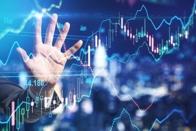 Tata Power share price forecast 2022-2025: Investing in future renewables?  Stock market investment concept with businessman hand touching digital screen with forex chart indicators. Double exposure