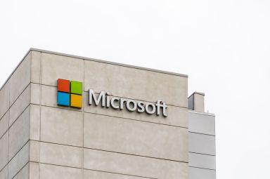 The distinctive Windows logo on signs at Microsoft Canada head office building in Mississauga