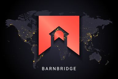 The BarnBridge logo in front of a map