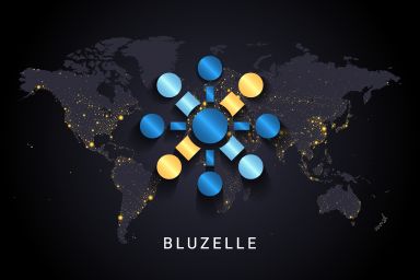 The Bluzelle logo on a world map