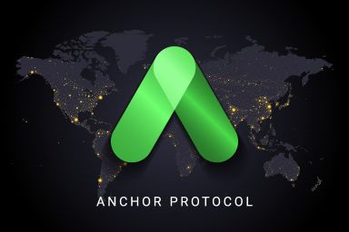 The green Anchor Protocol logo on a dark world map background