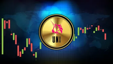 Das Uniswap-Logo eines Einhornkopfes vor einem Trading-Chart-Hintergrund