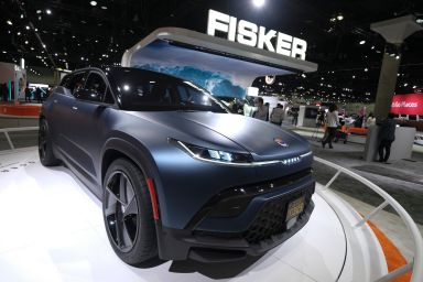 A Fisker's new Ocean electric vehicle is displayed