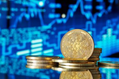 Cardano coins, price charts going up and down in the background.
