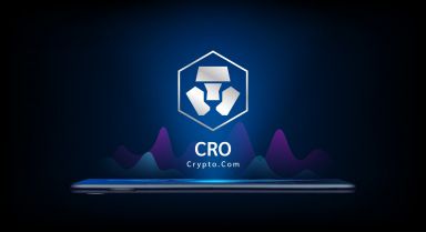 Crypto.com coin icon crypto currency token symbol come out from smartphone with growth chart. Trading cryptocurrency on application. 