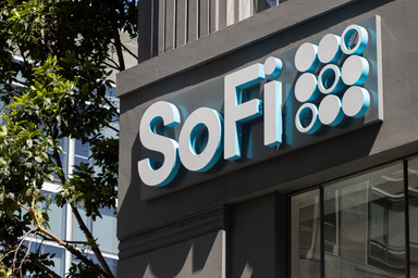 Exterior sign of SoFi mounted on a modern building facade