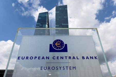 A file photo shows signage outside the European Central Bank (ECB) building, in Frankfurt, Germany, July 21, 2022. 