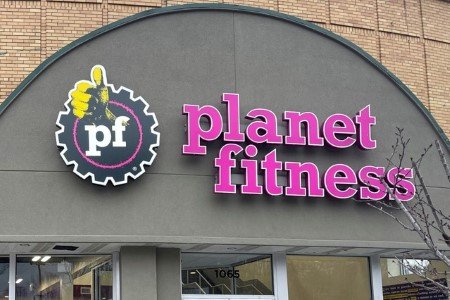 View of the Planet Fitness logo at the their location in Clifton, New Jersey, U.S., January 6, 2023. 