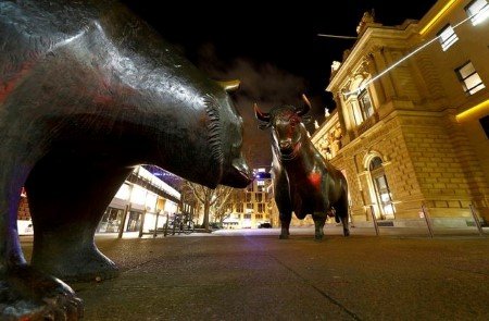 A file photo of bull and bear symbols in front of the German stock exchange in Frankfurt, Germany, February 12, 2019. 