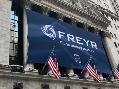 Freyr banner posted outside the New York Stock Exchange