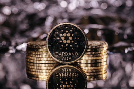 A gold coin with the Cardano logo