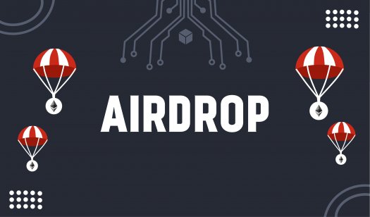 An illustration of a cryptocurrency airdrop featuring ether tokens hanging from parachutes