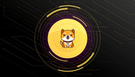 Baby Doge coin showing the puppy logo on a yellow coin, against a black background