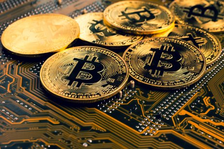 Bitcoin coins on a block