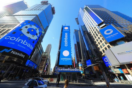 Large billboards in New York on the day of Coinbase's NASDAQ listing