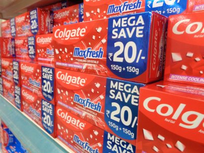 Colgate toothpaste stacked at a store in India