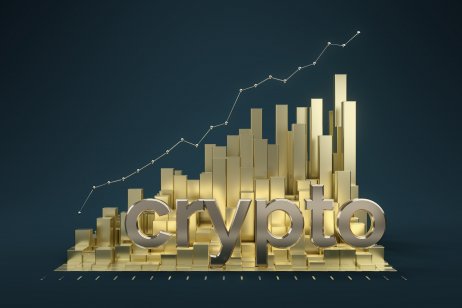 Image of the word crypto and gold bars on graph